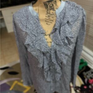 Ruffled grayish blue silk Blouse size 10 with front short zipper